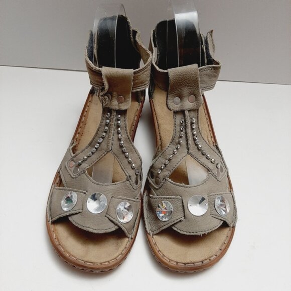 RIEKER \ Studded Gem Low Heel Open Toe Sandal Ankle Strap Taupe Gray Eur 37 US 6 - Picture 5 of 15